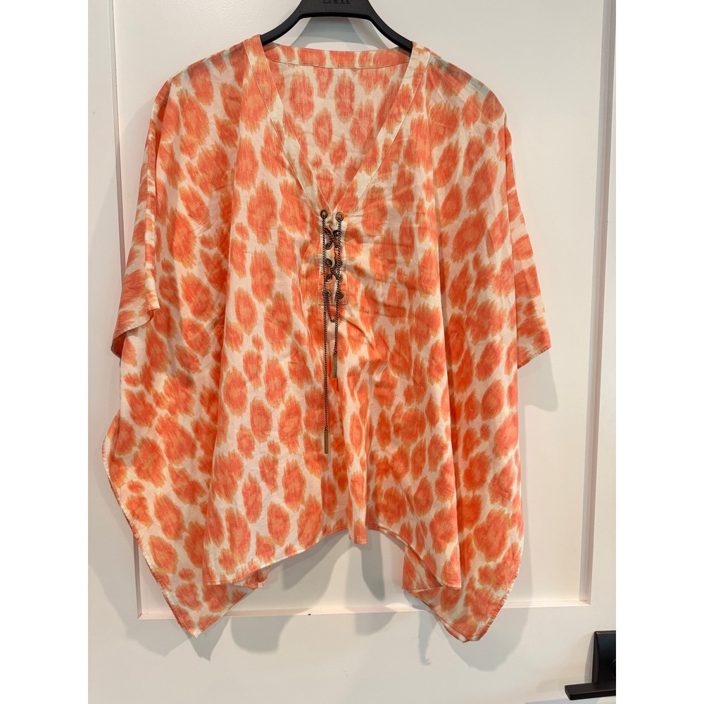 Michael Kors Orange Ikat Animal Print Cotton Poncho Top Chain Lace-Up Detail